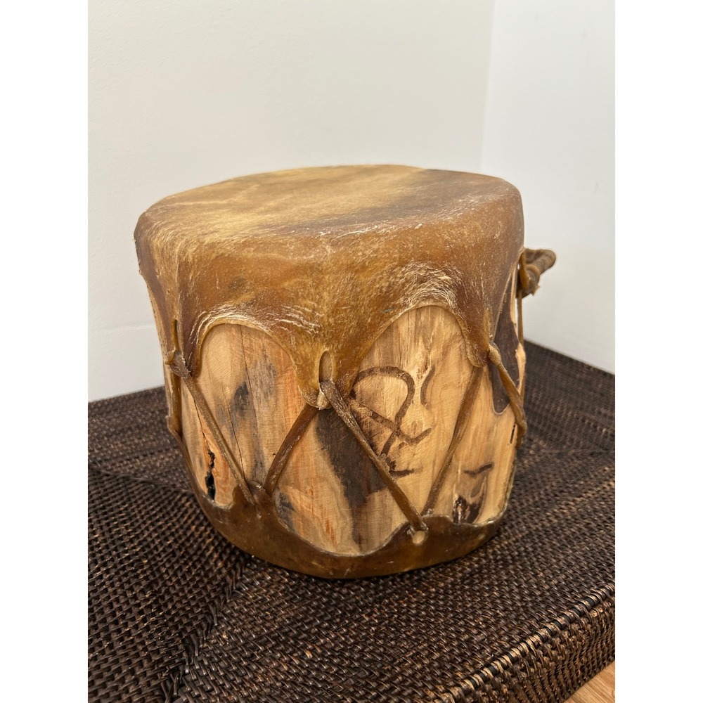 Vtg. Native Indian Red Willow Taos Pueblo Handmade Wood Rawhide Drum Rustic